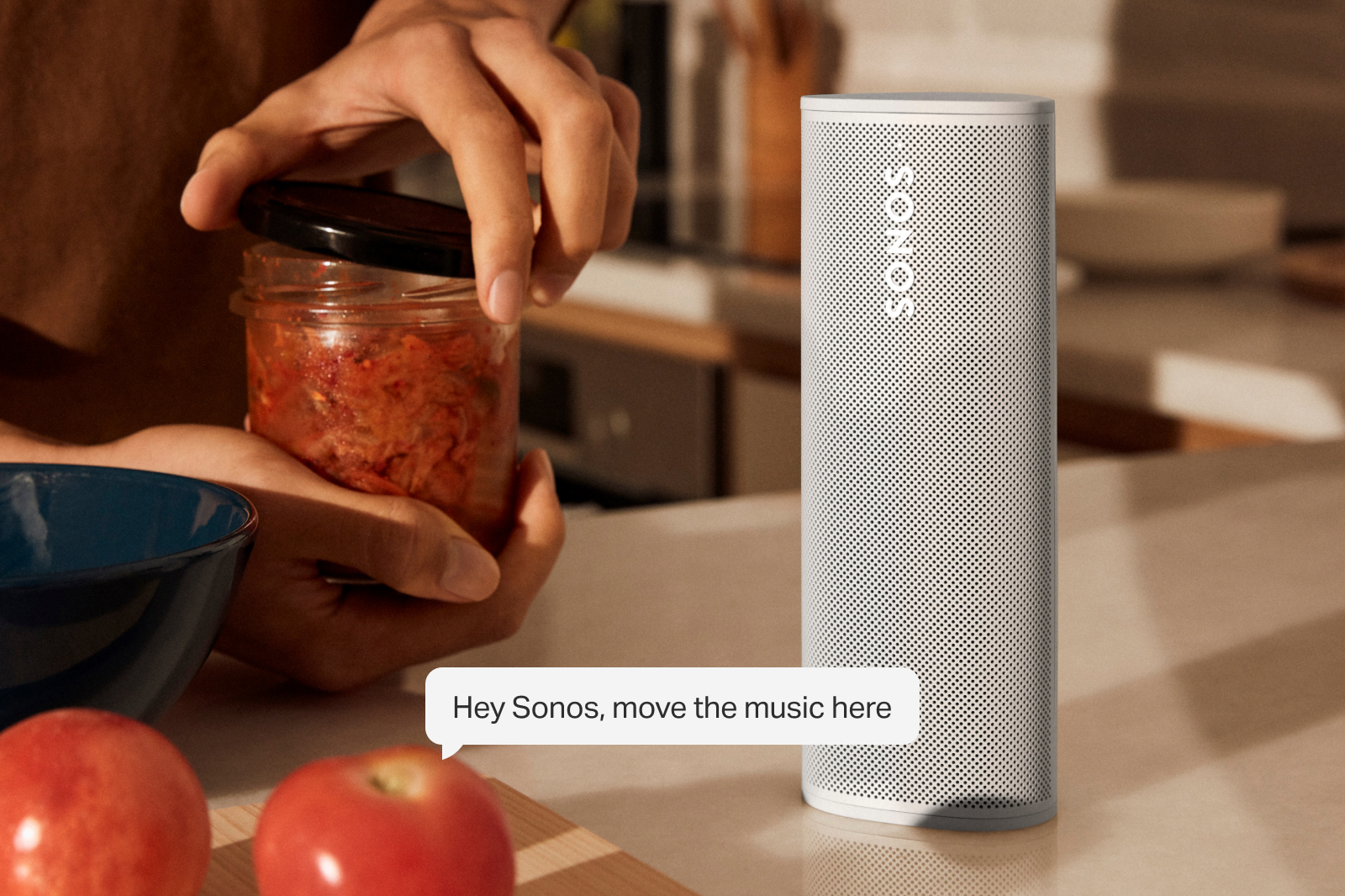 Voice control in action with a Sonos speaker in the room