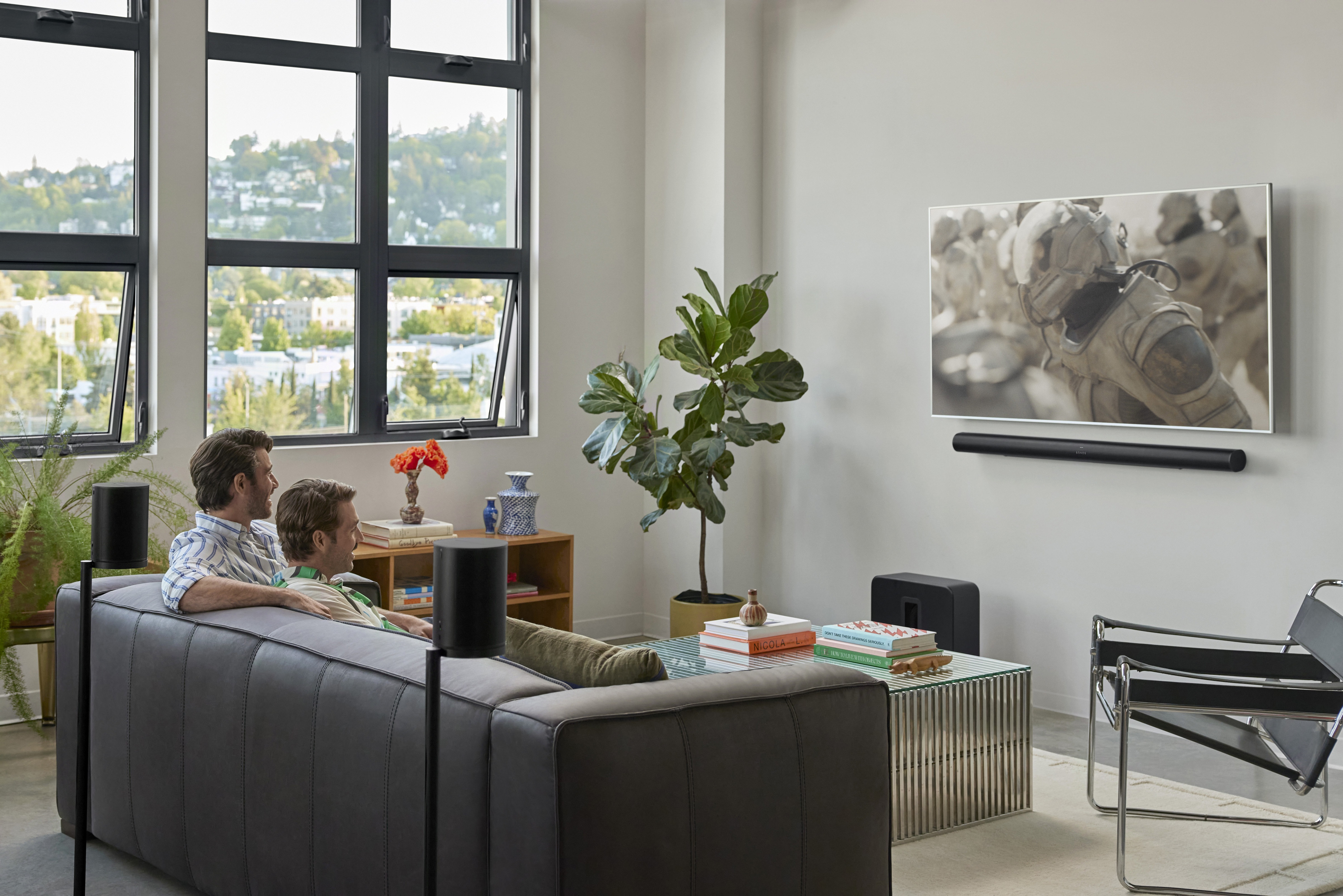 Modern living space with Sonos speakers and clean layout