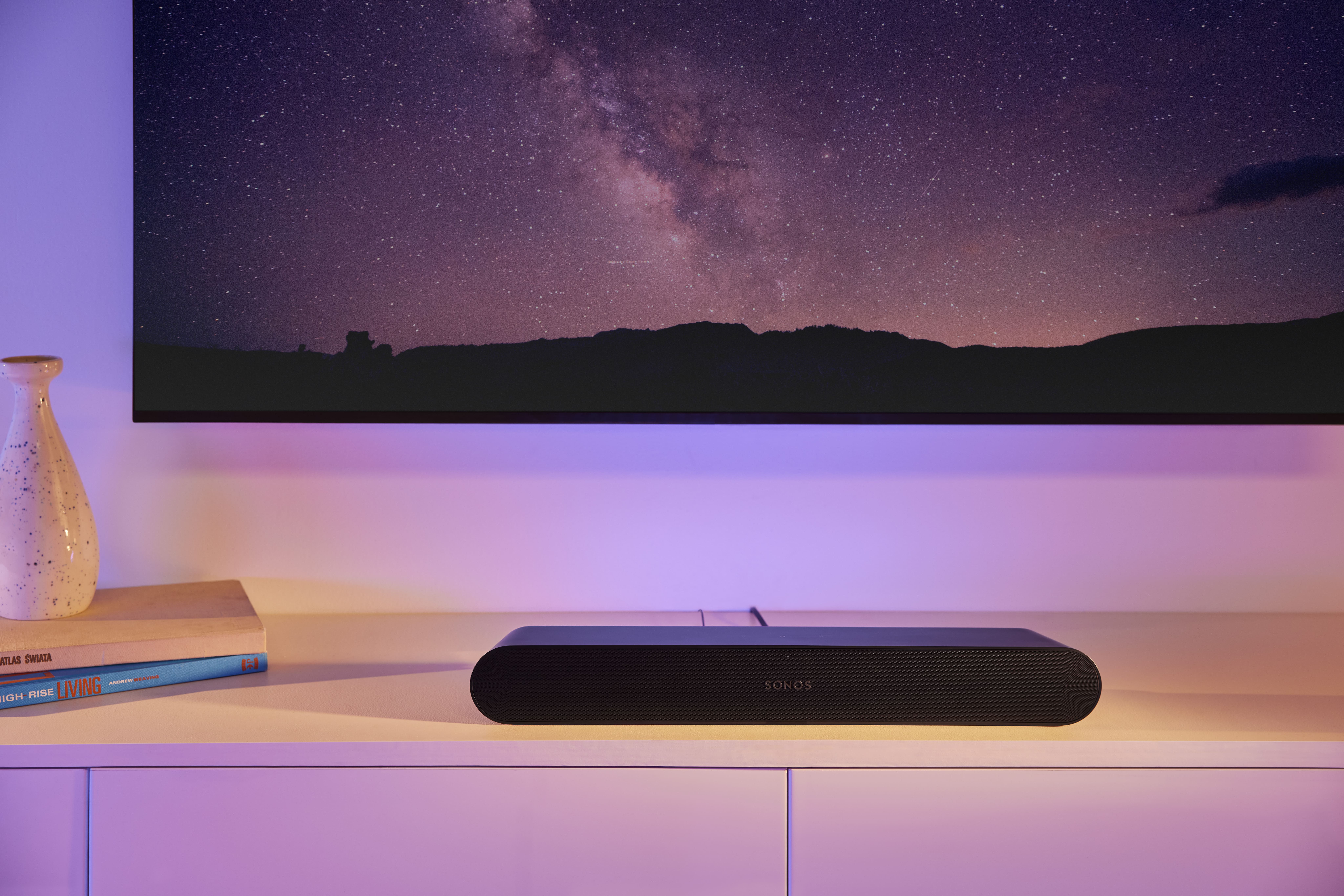 Close-up of Sonos Ray soundbar on a shelf