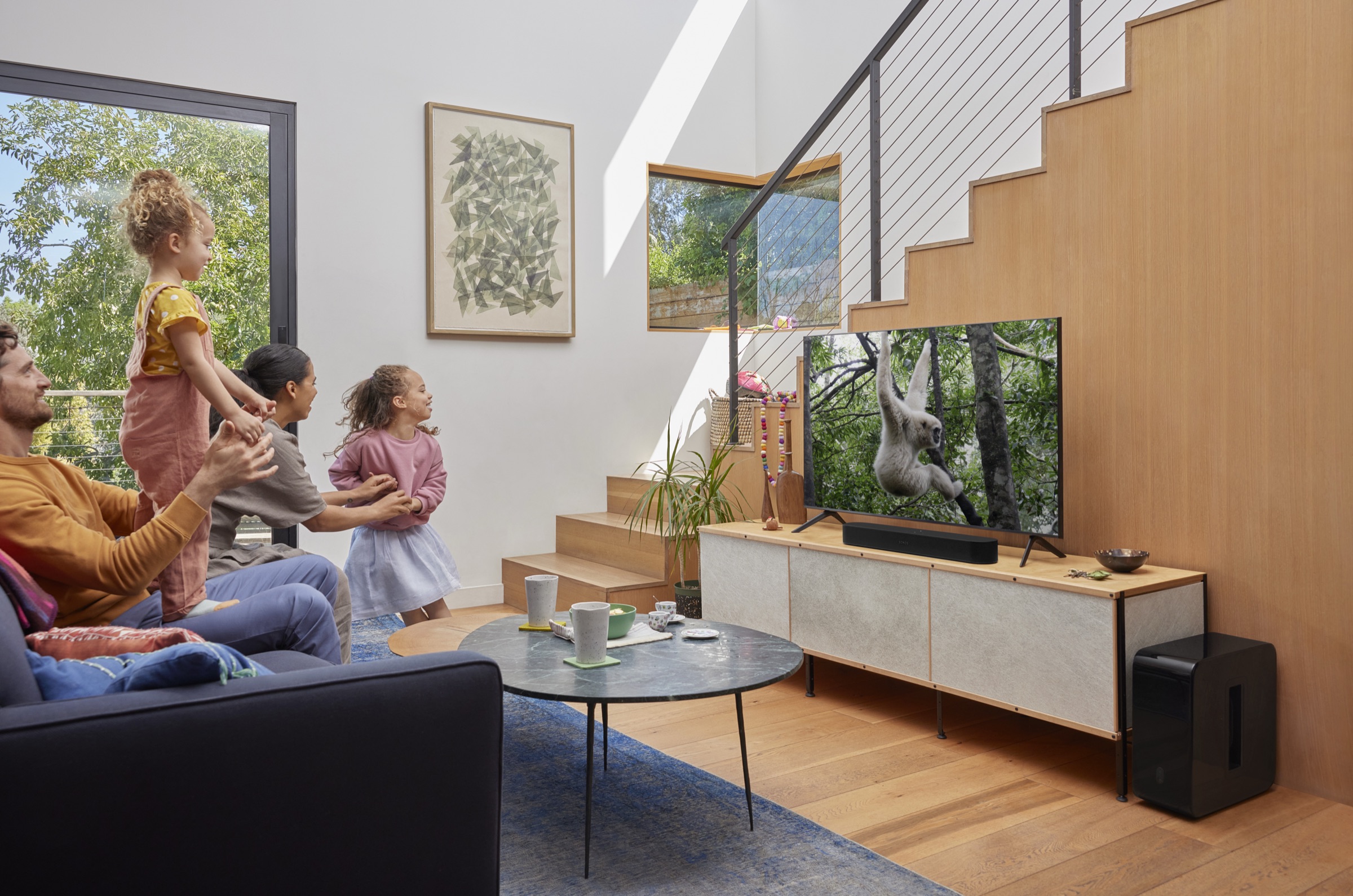 Family living room with Sonos Beam for TV and music